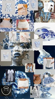 the collage shows blue and white porcelain items