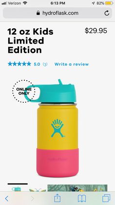 a yellow and pink water bottle with the words 12oz kids limited written on it