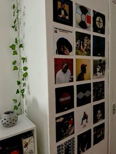 there is a wall with many pictures on it and a plant next to the door