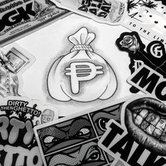 various stickers and decals are shown in this black and white photo, with the word p on them