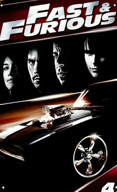 the poster for fast and furious is shown in front of a black car with four men's faces on it