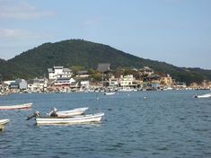 several small boats floating on top of a large body of water