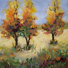 an oil painting of three trees in the field with yellow leaves on them and blue sky above