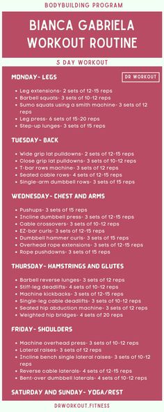 Bianca Gabriela’s Workout Routine Ppl Workout Routine For Women, Women’s Gym Workout Split, 5 Day Workout Split Women Gym, Women Bodybuilding Workouts, 4 Day Workout Plan Woman, Gym Workout Routine For Women, Bridal Workout Plan, Gym Routine Women Workout Plans, Gym Weekly Workout Plan