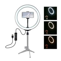 a tripod light with a phone on it and three images of the ring light