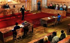 an artist's rendering of a courtroom with people in it