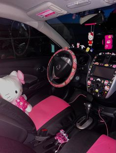 Hello kitty Hello Kitty Car Interior Aesthetic, Hello Kitty Car Inside, Car Theme Ideas Interior, Cars Inside Decorations, Hello Kitty Car Decorations, Car Decorations Interior Y2k, Hello Kitty Steering Wheel Cover, Mcbling Car Interior