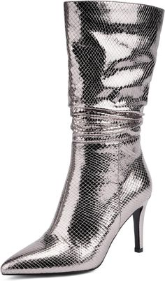 These Snakeskin Metallic Stiletto Heel Mid Calf Boots are the perfect addition to any wardrobe. Crafted from black snakeskin leather, these boots have a metallic stiletto heel and high mid-calf shaft for an edgy, fashionable look. Add some style to your wardrobe today. Snakeskin-Microfiber Rubber sole If you have thick calf, please order a half size up or a size. The heel height of the Sparkly metallic boots is 9cm/ 3.5", And the classic stiletto heels and sexy pointed toes keep fashion elements Elegant Heeled Boots With Snake Print And Pointed Toe, Elegant Snake Print Heeled Boots With Pointed Toe, Chic Metallic High-heeled Boots, Chic Metallic High Heeled Boots, Elegant Metallic High Heeled Boots, Elegant Metallic Heeled Boots For Party, Metallic High Heel Boots For Evening, Metallic High Heel Boots For Formal Occasions, Elegant Metallic High Heel Boots