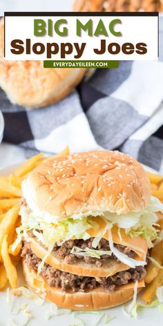 a hamburger and french fries on a plate with the words, big mac sloppy joes