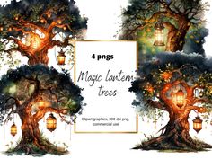 four watercolor trees with lanterns hanging from them and the words magic lantern trees below