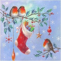 two birds are sitting on a christmas stocking hanging from a tree branch with decorations