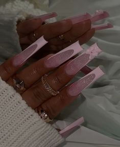 French Tip Long Nails, Sparkly French Tip, French Tip Long, Girly Acrylic Nails, Cute Acrylic Nail Designs, Fake Nails With Glue, Pink Sparkly