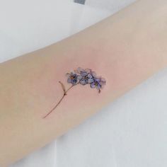 a small flower tattoo on the left forearm and right arm, with blue flowers growing out of it