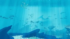 an underwater scene with lots of fish swimming in the water and on top of rocks