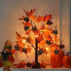 a lighted tree with pumpkins and other decorations