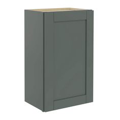 a gray cabinet with a wooden top