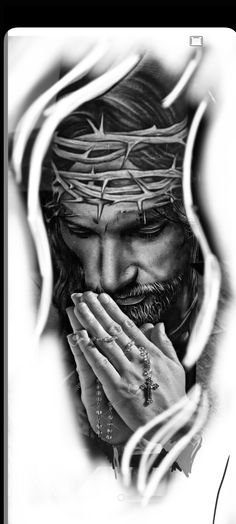 a black and white photo of the face of jesus with his hands clasped to his chest