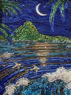 an artistic glass mosaic depicting the ocean and mountains with waves crashing against them, under a blue sky