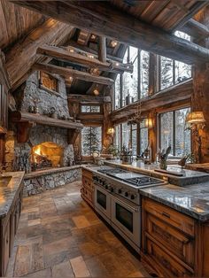 a large kitchen with an oven, sink and stove top in the middle of it