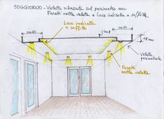 a drawing of a room with doors, windows and floor plans on the wall above it