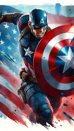 captain america flying through the air with an american flag on his chest and arms outstretched