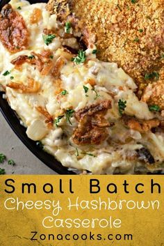 a close up of a plate of food with cheese and hashbrown casserole