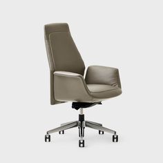 an office chair with wheels and leather upholstered seat, viewed from the front