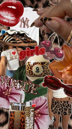 a collage of photos with various items including lipstick, nails, and other things