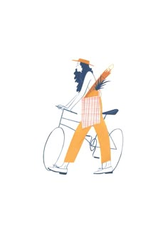 an illustration of a person riding a bike with a basket on it's back