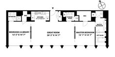 an apartment floor plan with three bedroom and two bathroom areas, including the kitchen area