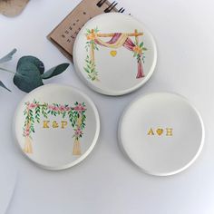 three personalized plates with floral designs on them and the word hope written in gold