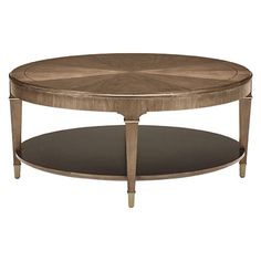 an oval coffee table with two shelves on each side and one shelf below the top