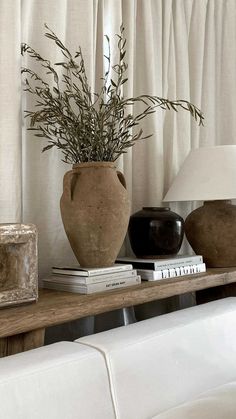 two vases with plants in them sit on a shelf next to a lamp and books