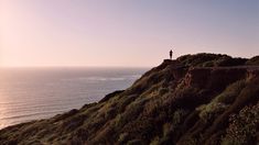 a man standing on top of a lush green hillside next to the ocean at sunset