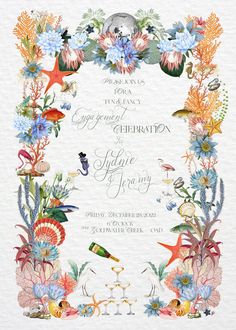 a wedding card with flowers and birds in the center, on top of watercolor paper