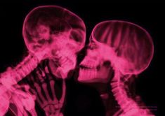 two skeletons kissing in the dark with pink light coming from their heads and hands behind them