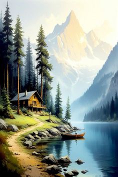 a painting of a cabin on the shore of a lake