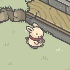 a small rabbit is sitting on the ground in front of a wooden fence and looking at something