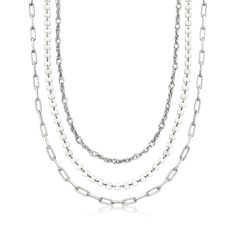 Ross-Simons - Sterling Silver Jewelry Set: Three Necklaces. 18". This chic set is such a steal! Perfect for the stylish minimalist, our trio of handcrafted sterling silver necklaces brings versatile and on-trend pieces to your jewelry box for a very nice price. Features a sterling silver paper clip link necklace, a mirrored-disc necklace and a Singapore chain necklace. Each includes a 2" extender and finishes with a lobster clasp. Sterling silver necklace set. Three Necklaces, Silver Jewelry Set, Silver Necklace Set, Silver Paper, Fine Jewelery, Silver Jewellery Sets, Timeless Jewelry, Fine Jewellery Necklace, Silver Pendant Necklace