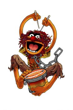 the muppet is playing drums while wearing an orange outfit and holding a pair of scissors