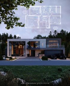 an architectural rendering of a modern house in the middle of a wooded area at dusk