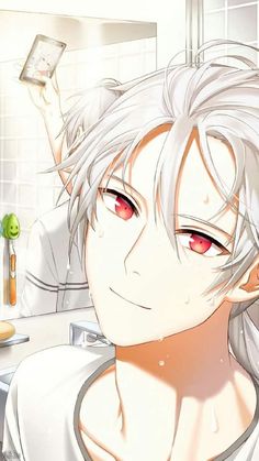 a man with white hair and red eyes is in the bathroom looking at his cell phone