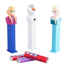 three frozen princess pencils are lined up next to each other, one has a snowman and the other has a candy bar