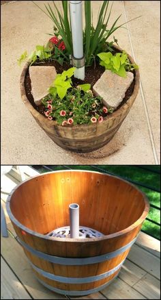 an old barrel turned into a planter