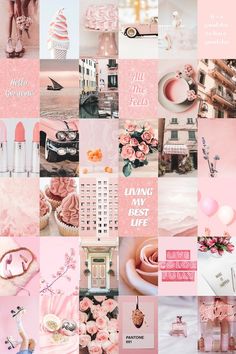 a collage of pink and white images