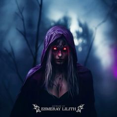 a creepy looking woman with red eyes in the dark forest at night, wearing a purple hoodie