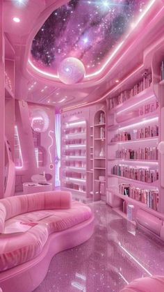 a room with pink furniture and bookshelves in the ceiling is lit by lights