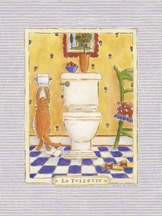 an image of a bathroom scene with a cat on the floor and a toilet in the background