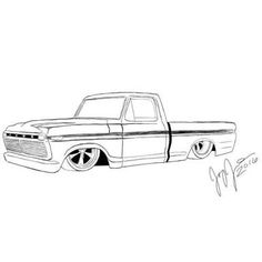 a black and white drawing of a pickup truck