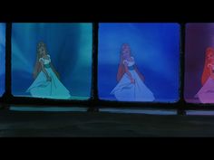 four disney princesses standing in front of blue and purple screens with their arms around each other